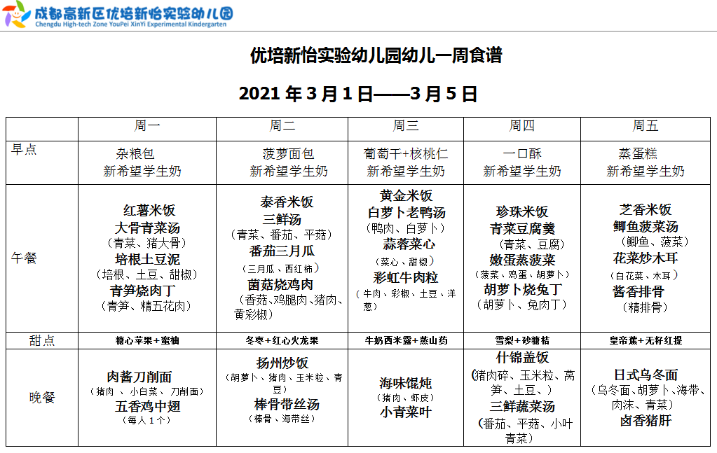 2021年3月份幼儿食谱-新怡幼儿园